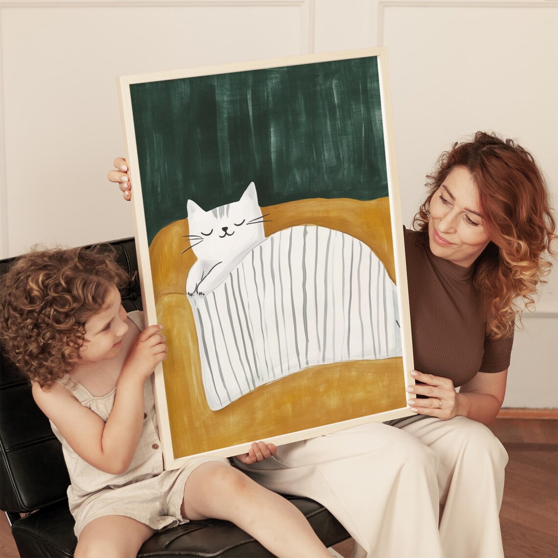 White Cat Sleeping On Striped Blanket Mustard Sofa Art Poster - Image 3