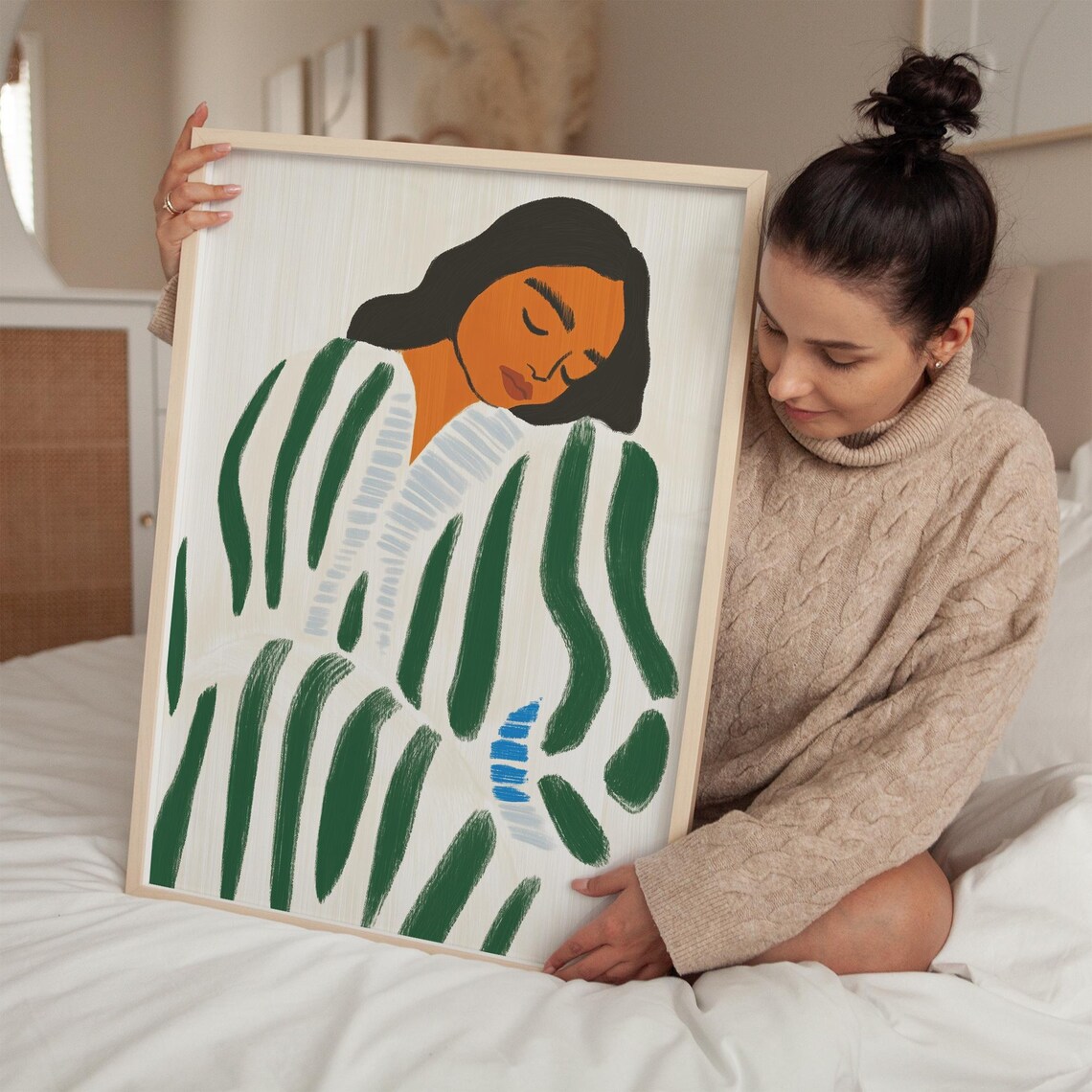 Restful Woman in Green Striped Robe Modern Minimalist Bedroom Poster - Image 2