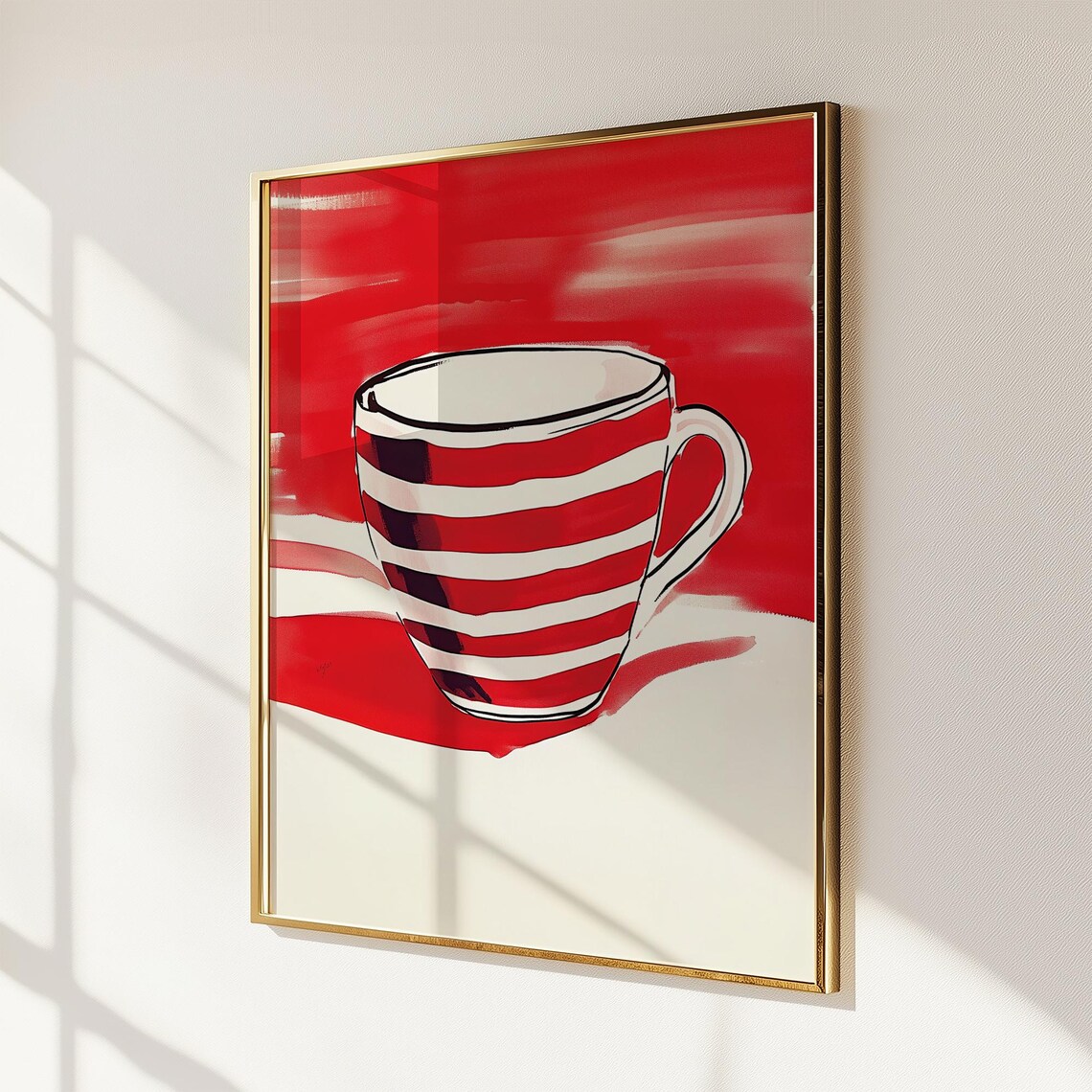 Red Striped Coffee Cup, Minimalist Abstract Art - Image 2