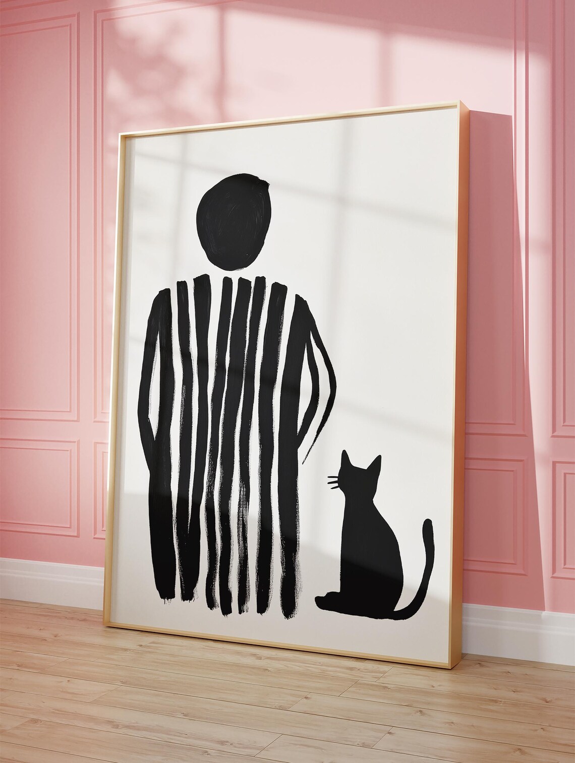 Woman and Small Cat Silhouette Minimalist Stripes Art Poster - Image 3