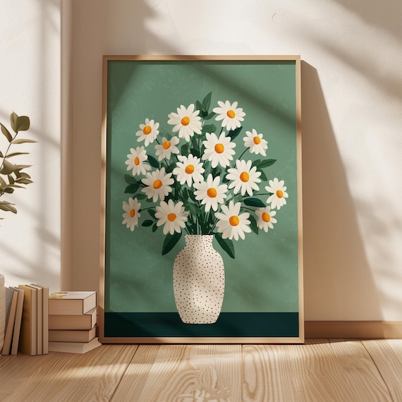 White Daisies In Dotted Vase Green Background Retro Floral Art Poster
