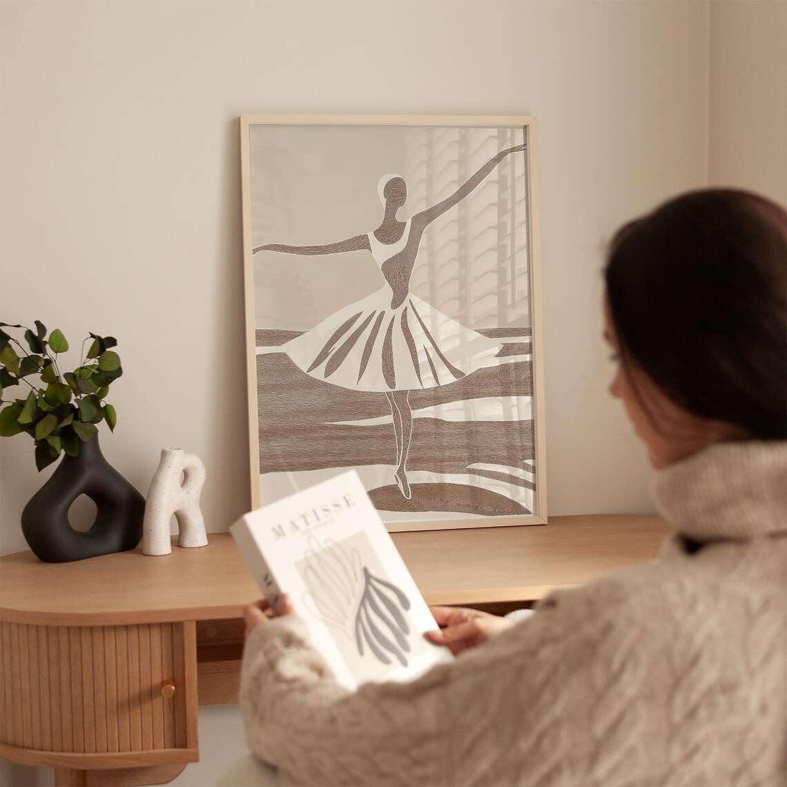 Abstract Beige Ballerina Line Art Poster with Spinning Dancer Motion - Image 2