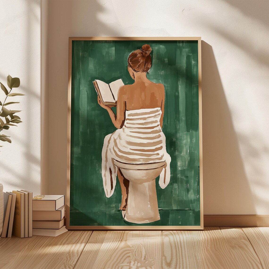Woman in Striped Towel Reading on Toilet Back View Art Poster