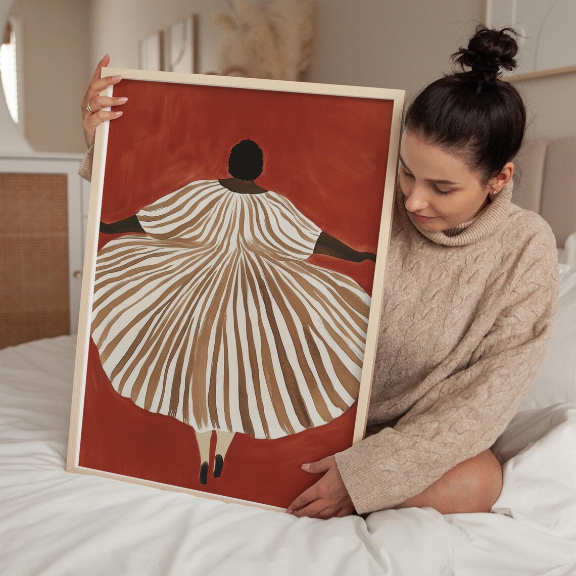 Woman In Flowing Striped Dress, Abstract Minimalist Art - Image 2