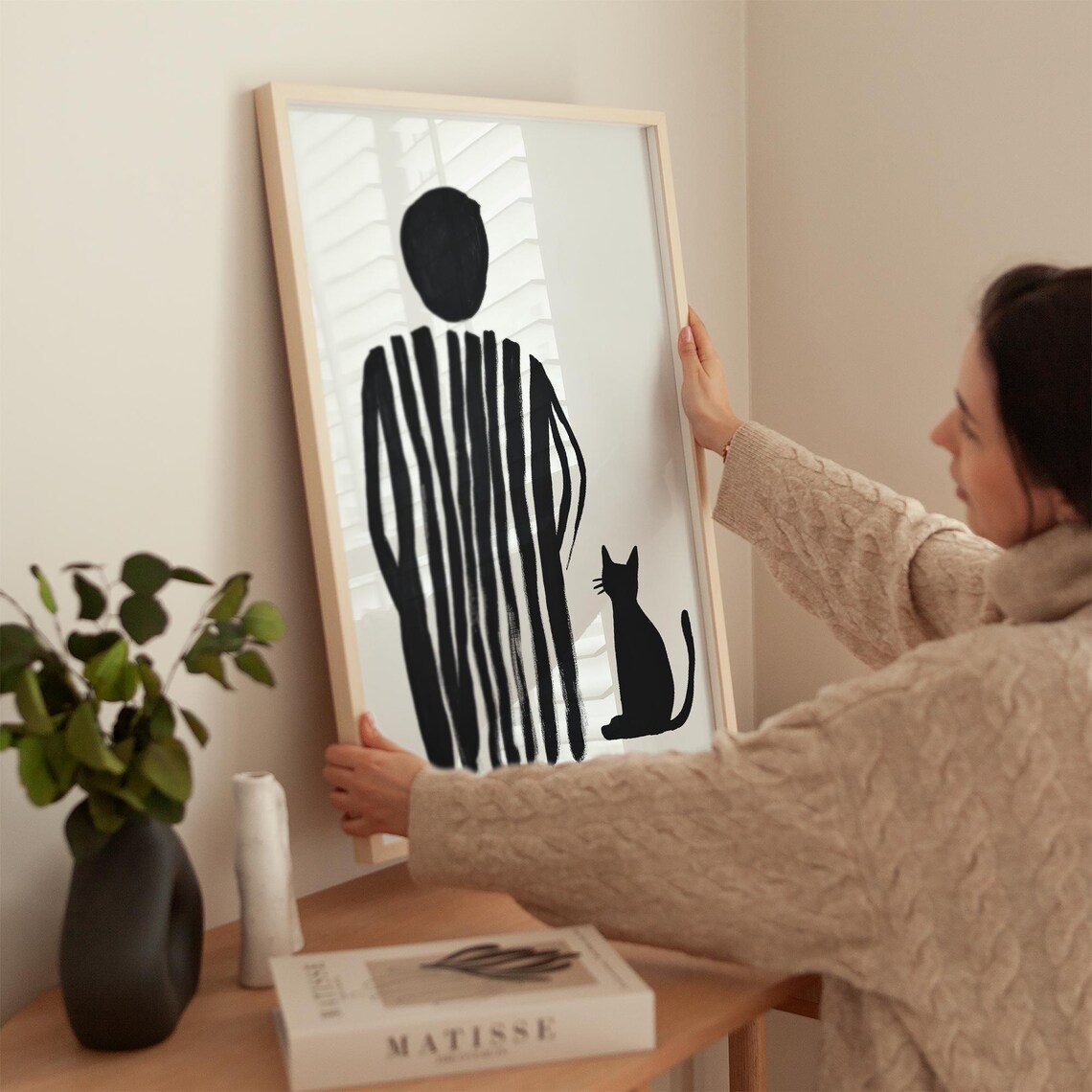 Woman and Small Cat Silhouette Minimalist Stripes Art Poster - Image 2
