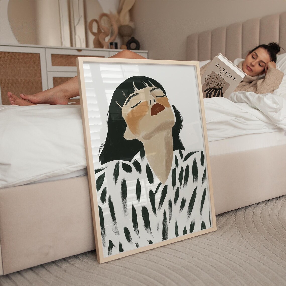 Woman with Closed Eyes in Brushstroke Blouse Modern Abstract Poster - Image 2