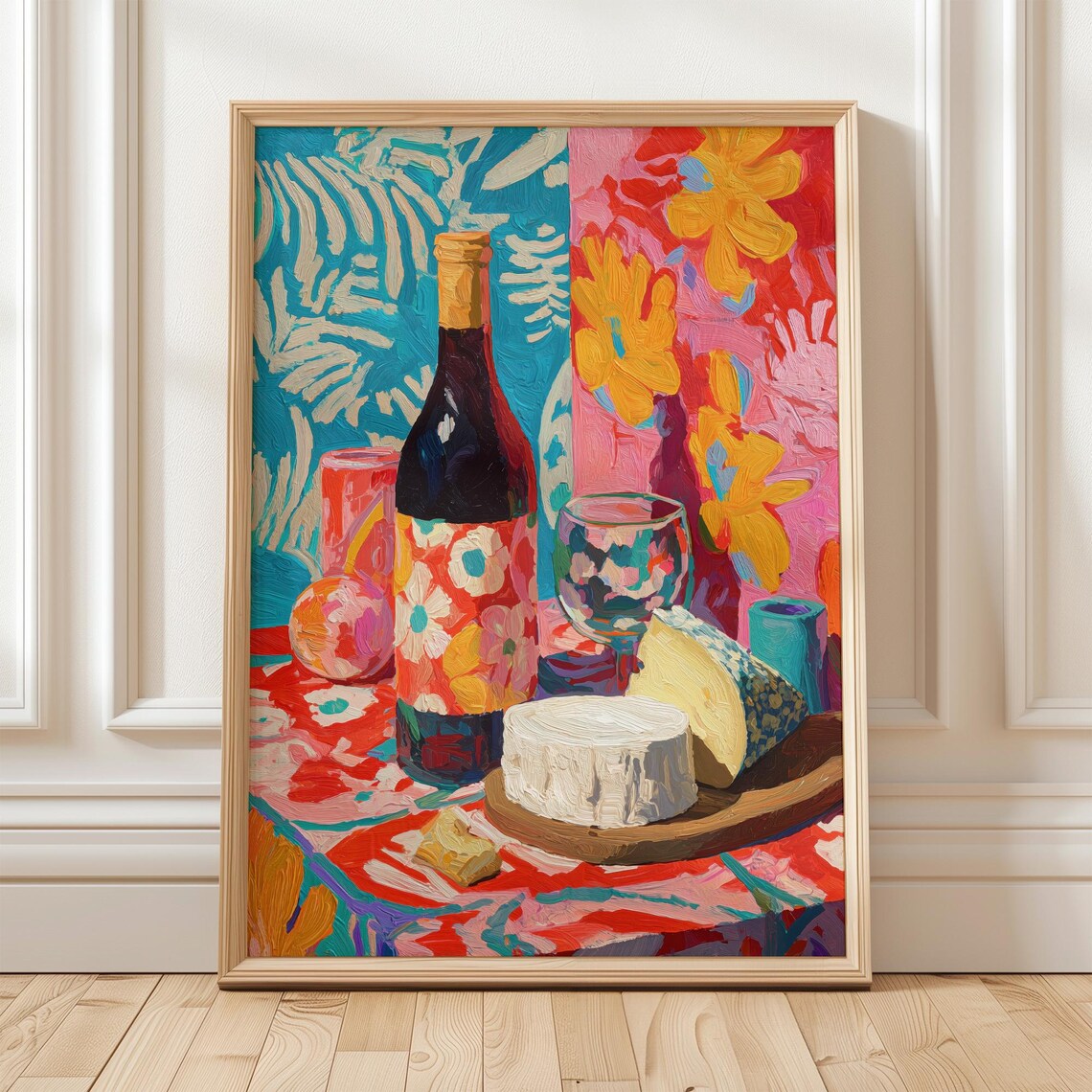 Colorful Still Life, Wine Bottle Cheese Glass Art Print
