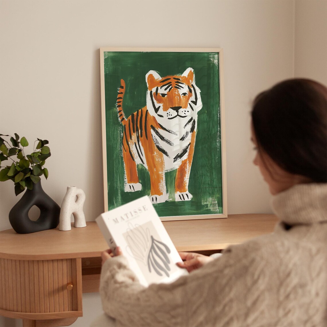Standing Tiger on Deep Green Folk Art Style Modern Wildlife Poster - Image 5
