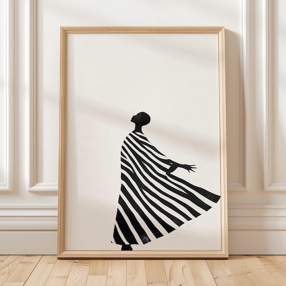 Elegant Black Silhouette Woman in Striped Flowing Dress Poster