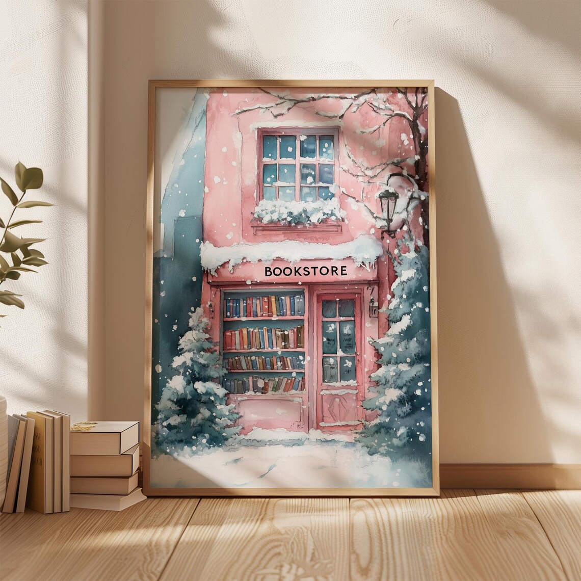 Snowy Pink Bookstore, Winter Bookshop Christmas Decor - Image 5