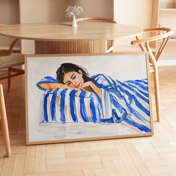 Woman Lounging Under Blue Striped Blanket Watercolor Portrait Poster
