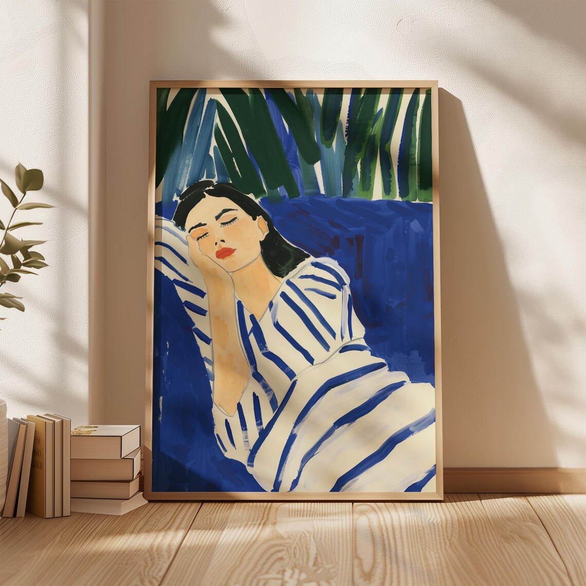 Resting Woman Wrapped in Stripes Cobalt Blue Floral Watercolor Poster - Image 5