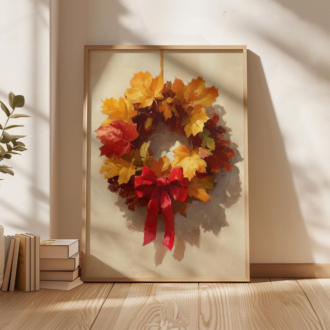 Autumn Leaf Wreath With Red Ribbon Fall Seasonal Painting Poster