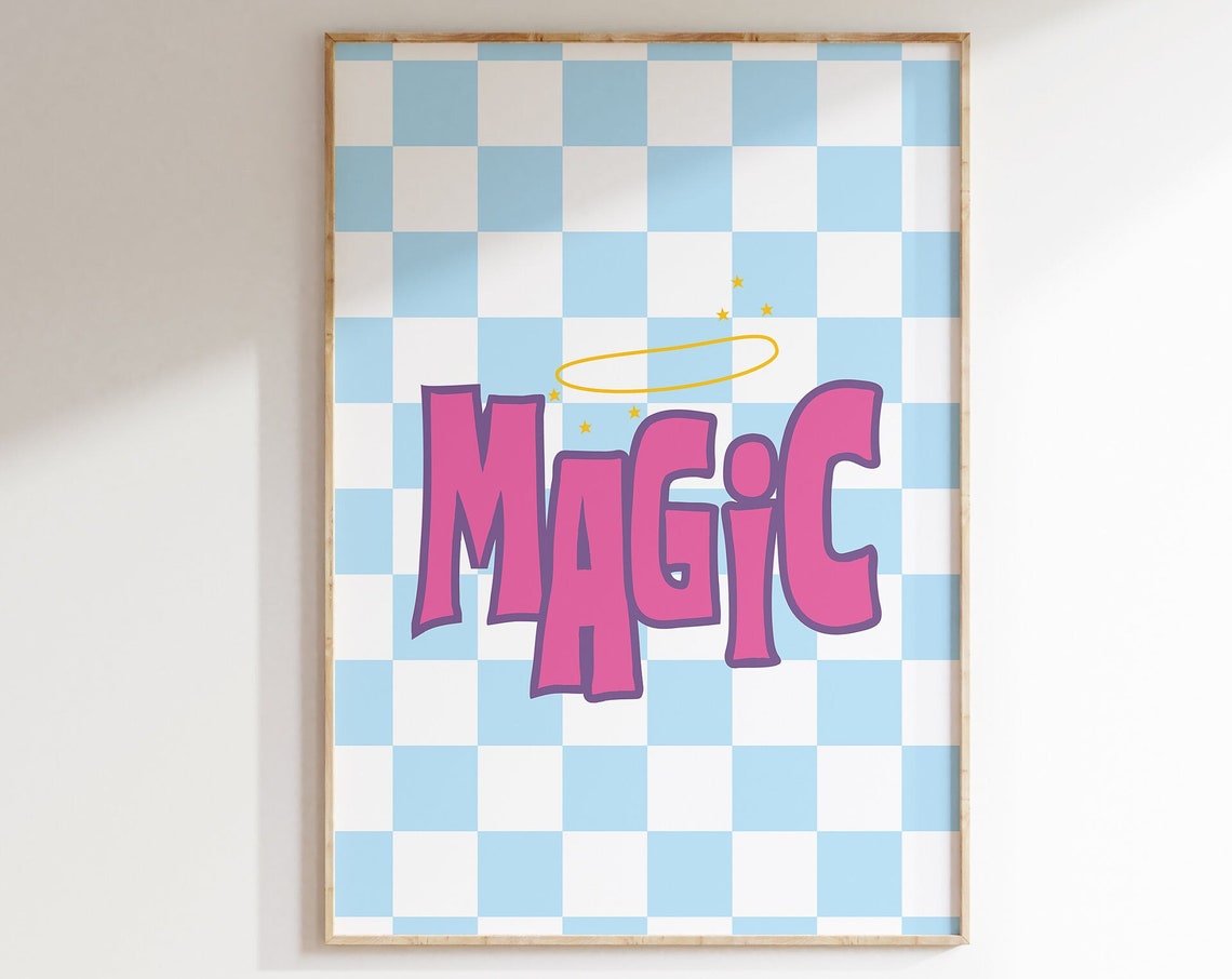 Magic Pink Bubble Letter Blue Checkerboard Y2K Style Art Poster