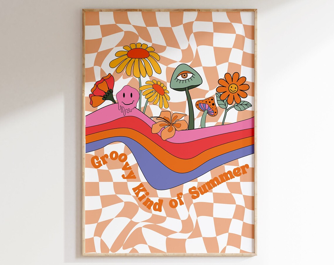 Groovy Kind of Summer Retro Floral Mushroom Checkerboard Poster