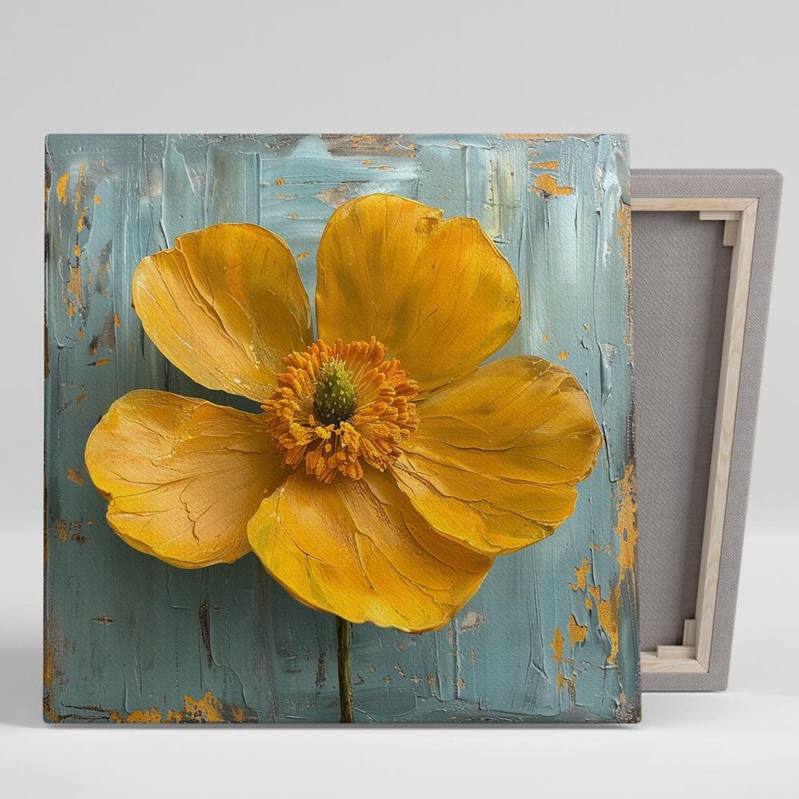 Yellow Buttercup Bloom Distressed Teal Wood Impasto Floral Poster