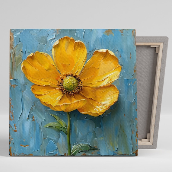 Golden Yellow Cosmos Bloom on Blue Textured Sunny Floral Wall Art