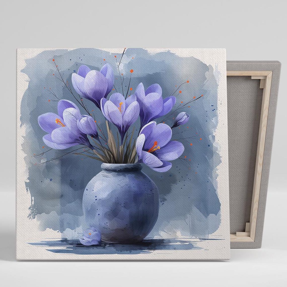 Lavender Crocus Bouquet Blue Vase Watercolor Style Floral Art Poster