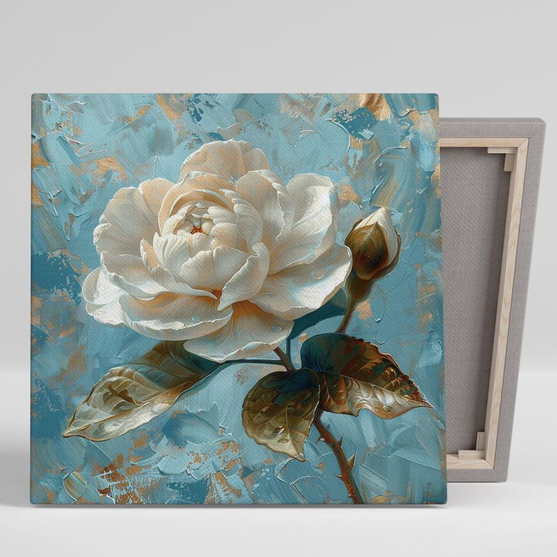 White Peony Bloom Impasto Oil Painting on Teal Background Floral Print