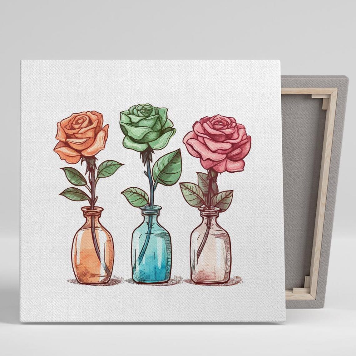 Trio Roses Glass Bottles Sketch Watercolor White Background Art Poster