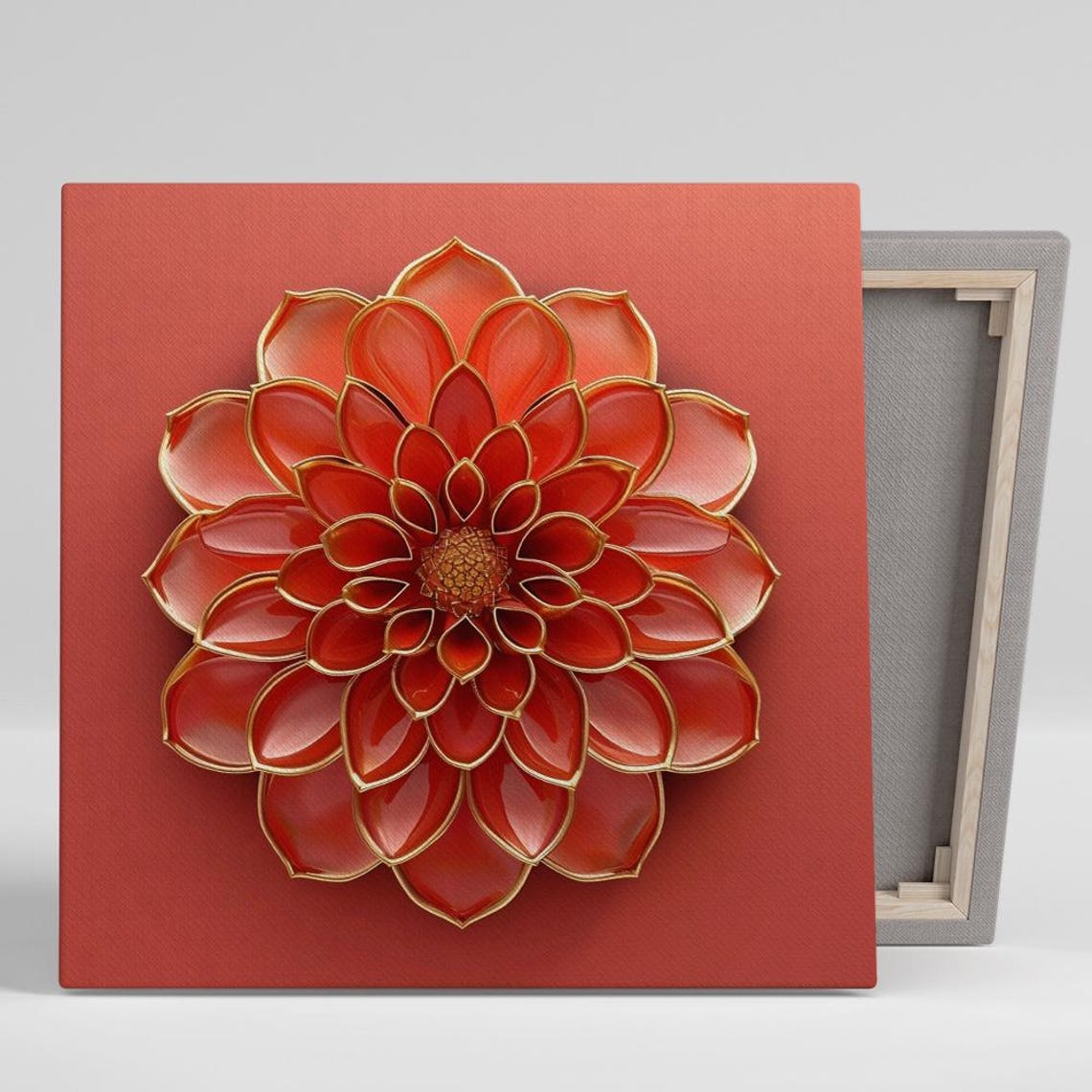 Fiery Red Dahlia With Golden Edges On Red Background Floral Poster