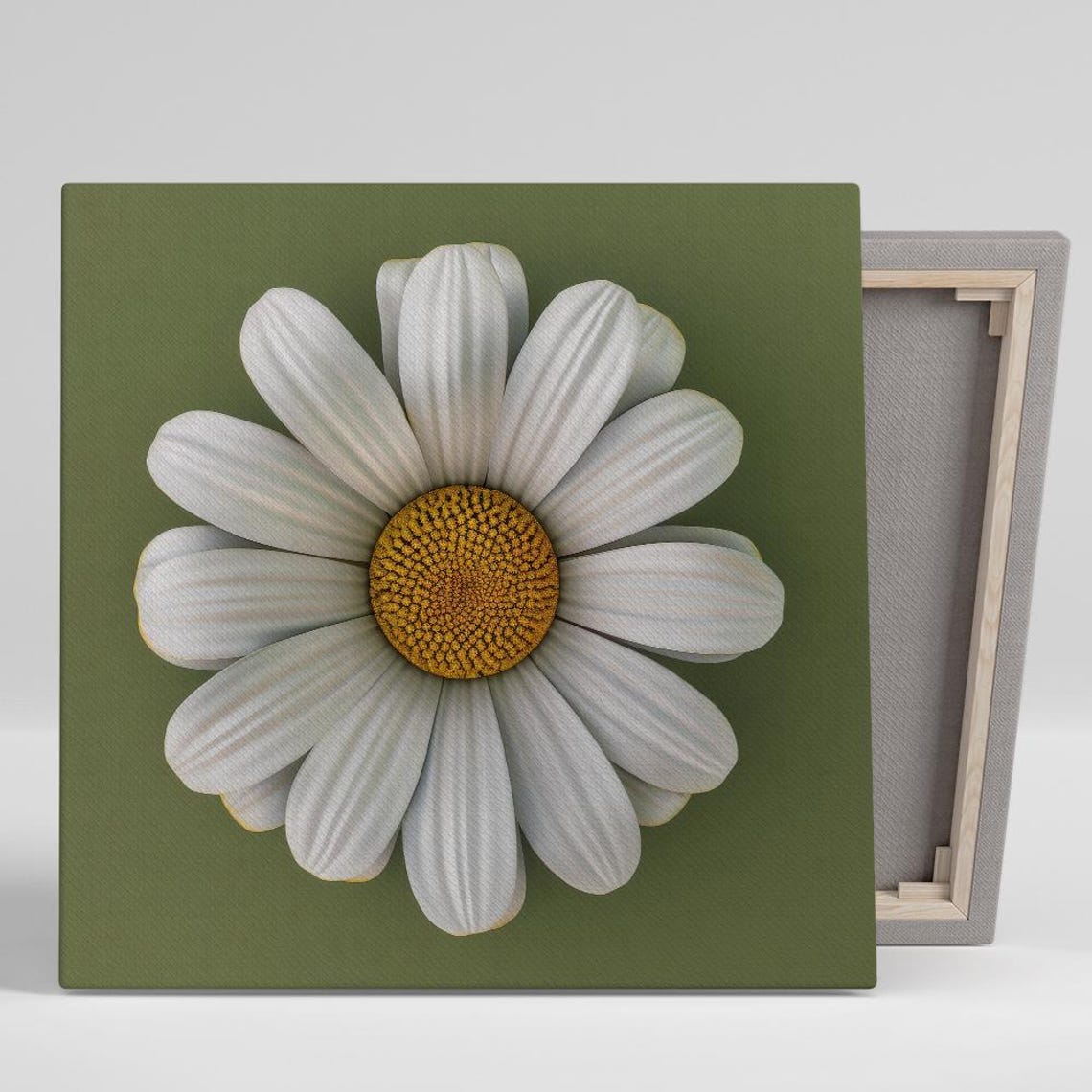 White Daisy Golden Center Olive Green Minimalist Botanical Wall Poster