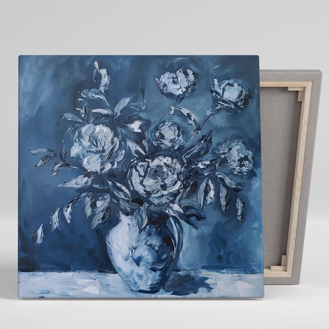 Monochrome Blue Roses Bouquet Vase Impasto Oil Painting Floral Poster