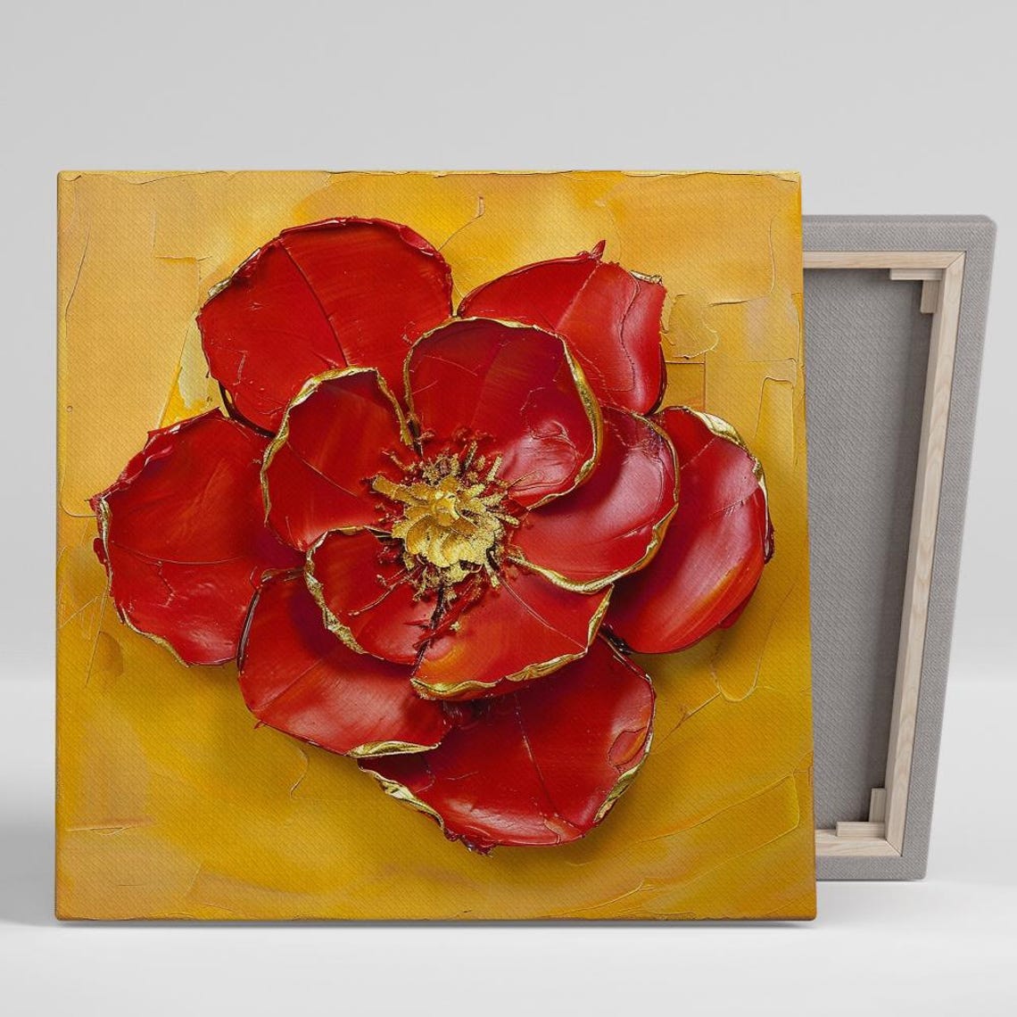 Red Rose Gold Edged Petals Yellow Impasto Bold Romantic Floral Poster