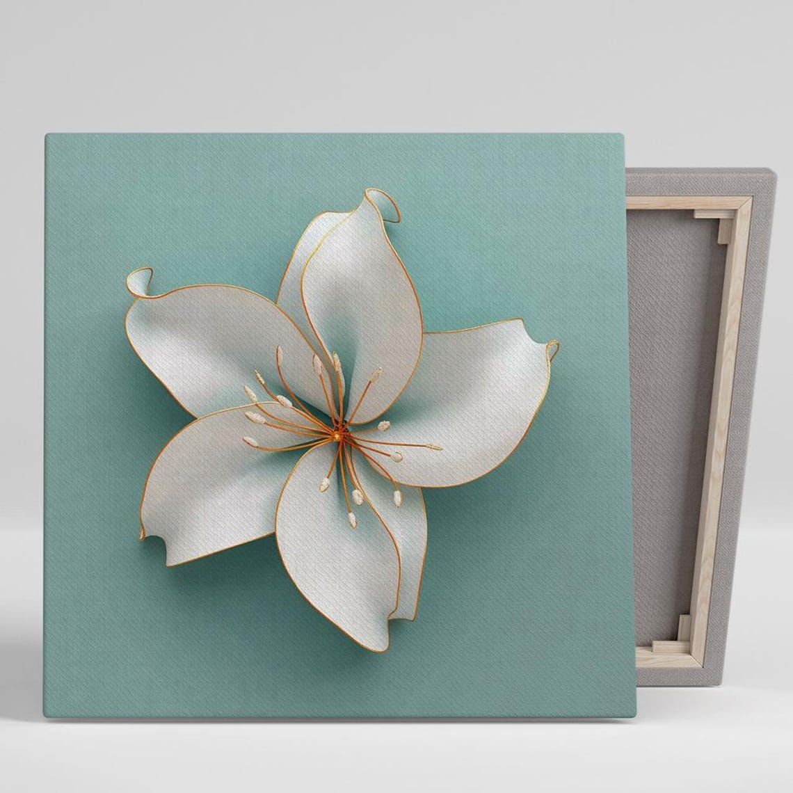 White Lily with Gold Edges on Teal Elegant Glam Floral Wall Art