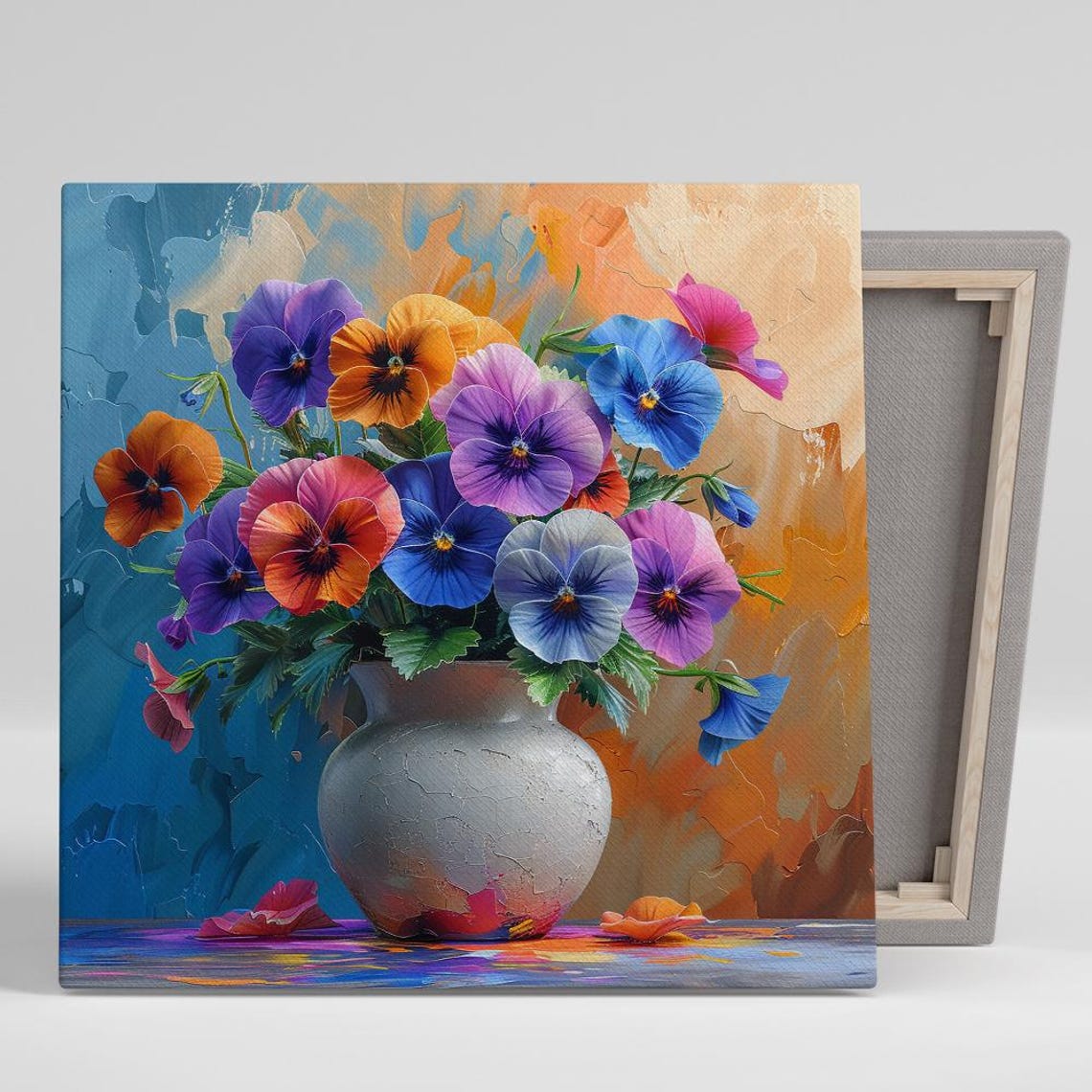 Vibrant Pansy Bouquet White Vase Blue Orange Still Life Floral Poster