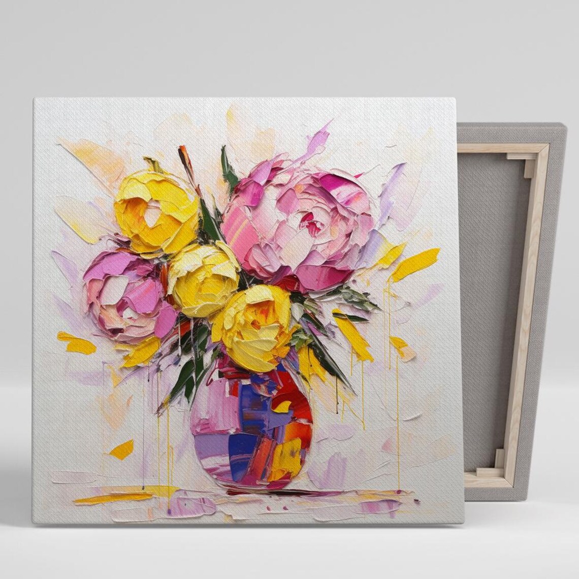 Pink Yellow Peony Bouquet Impasto Colorful Vase White Art Poster