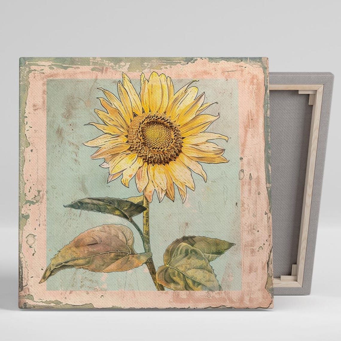 Vintage Sunflower Distressed Mint Blush Rustic Farmhouse Art Poster