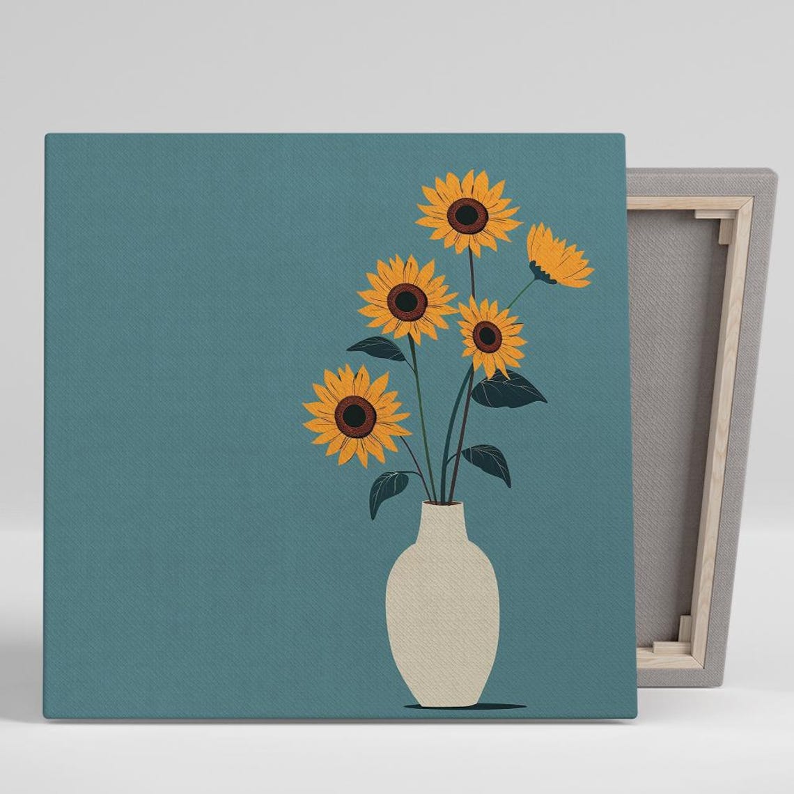 Sunflowers in Cream Vase Flat Illustration Teal Modern Floral Poster