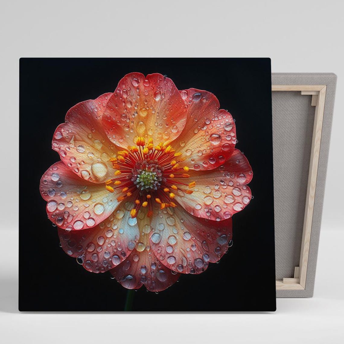 Red Dahlia Macro Water Droplets Black Background Bold Floral Poster