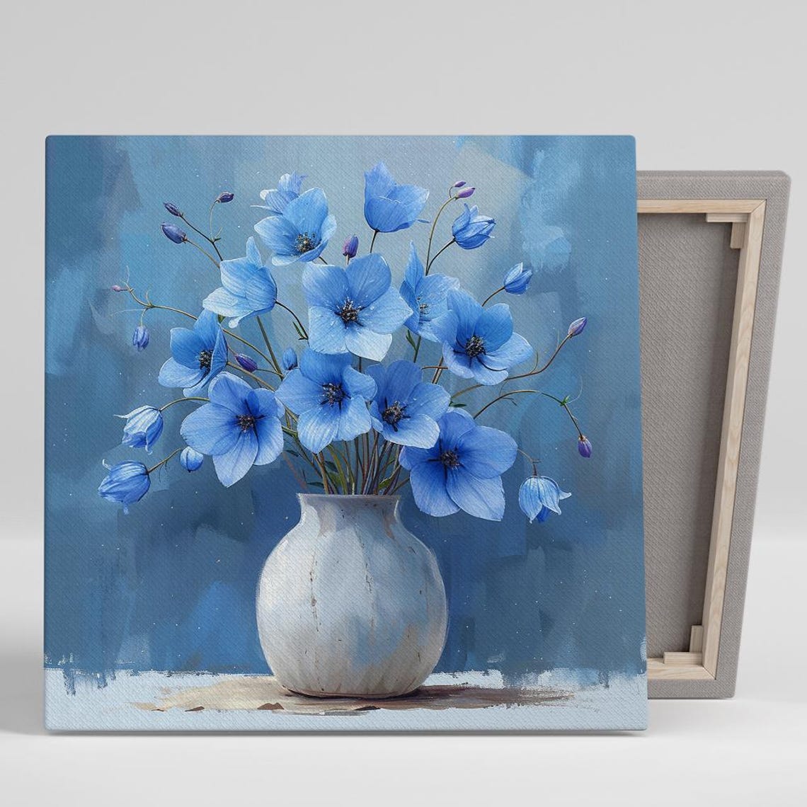 Blue Anemones Bouquet in White Vase Painted Blue Background Poster