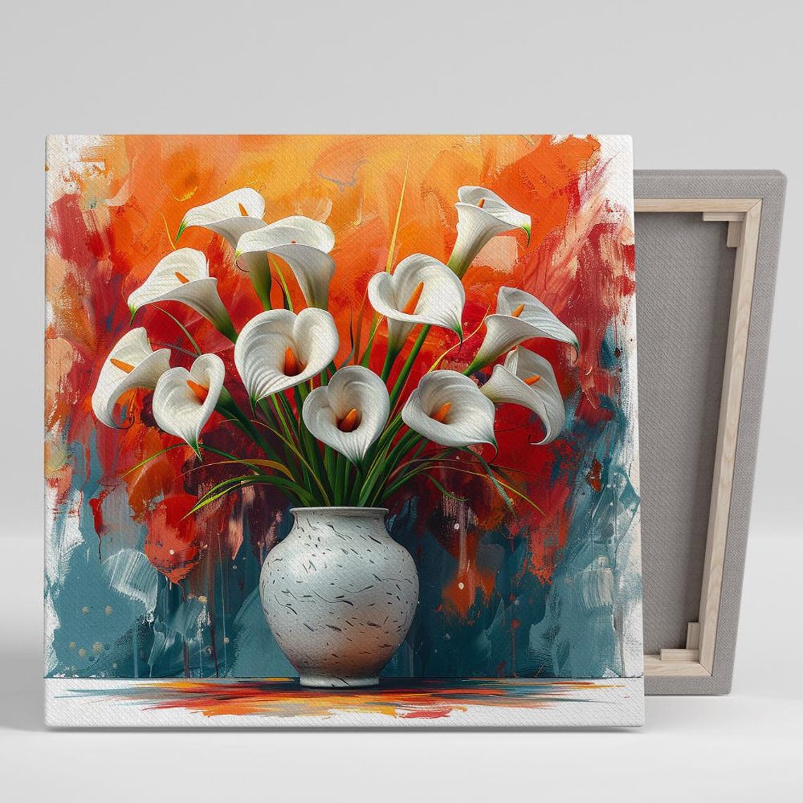White Calla Lilies Fiery Orange Teal Abstract Bold Floral Wall Poster