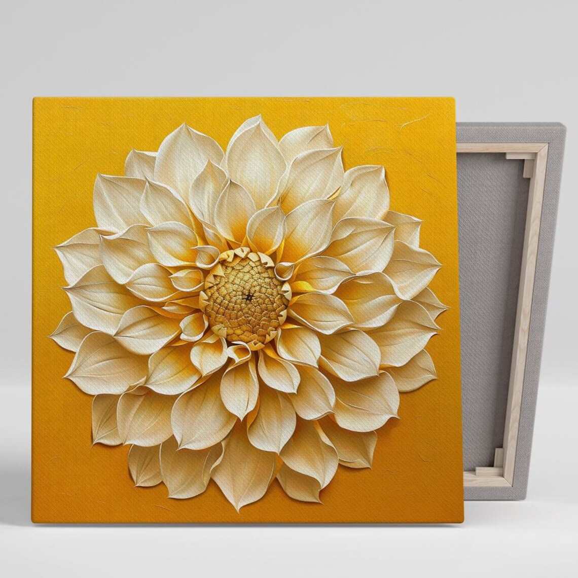 Cream White Dahlia 3D Bloom Golden Yellow Radiant Background Poster