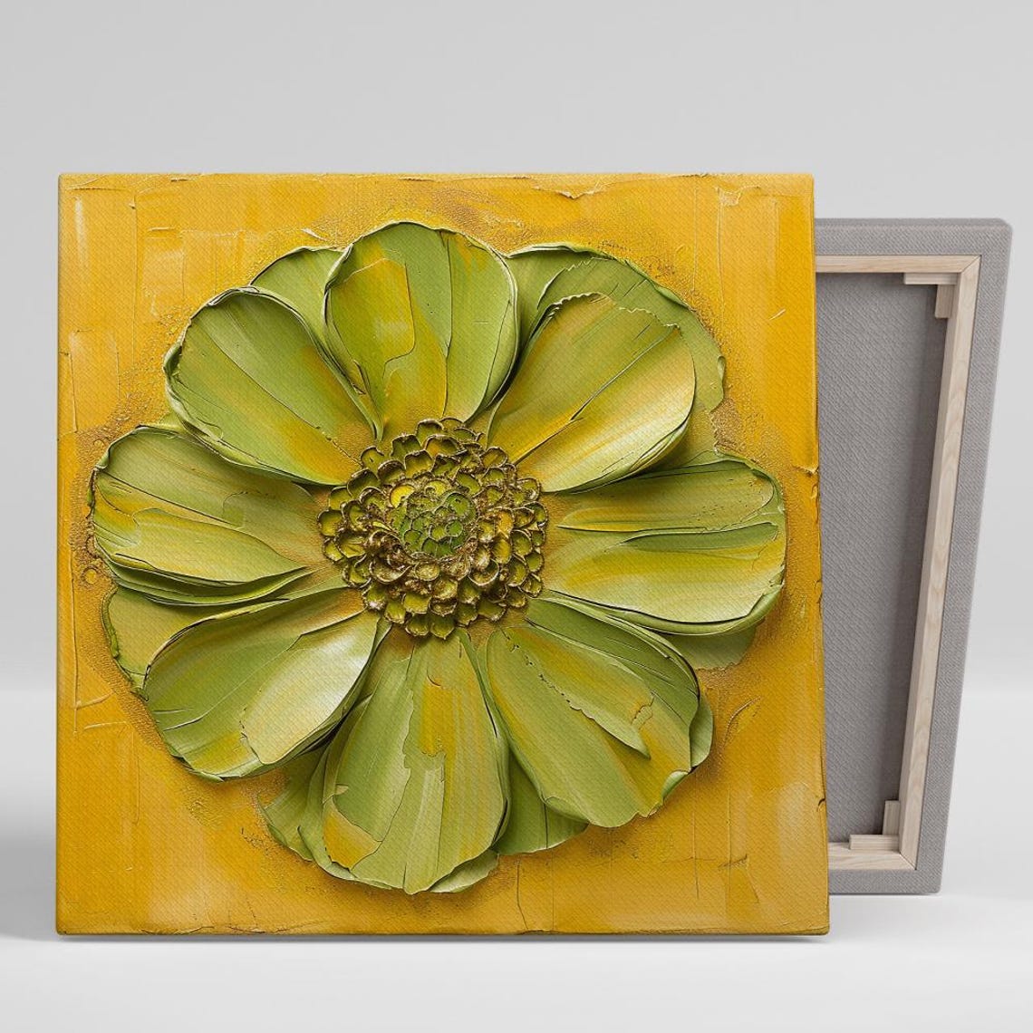 Green Gold Chrysanthemum Impasto Textured Bold Floral Wall Art Print