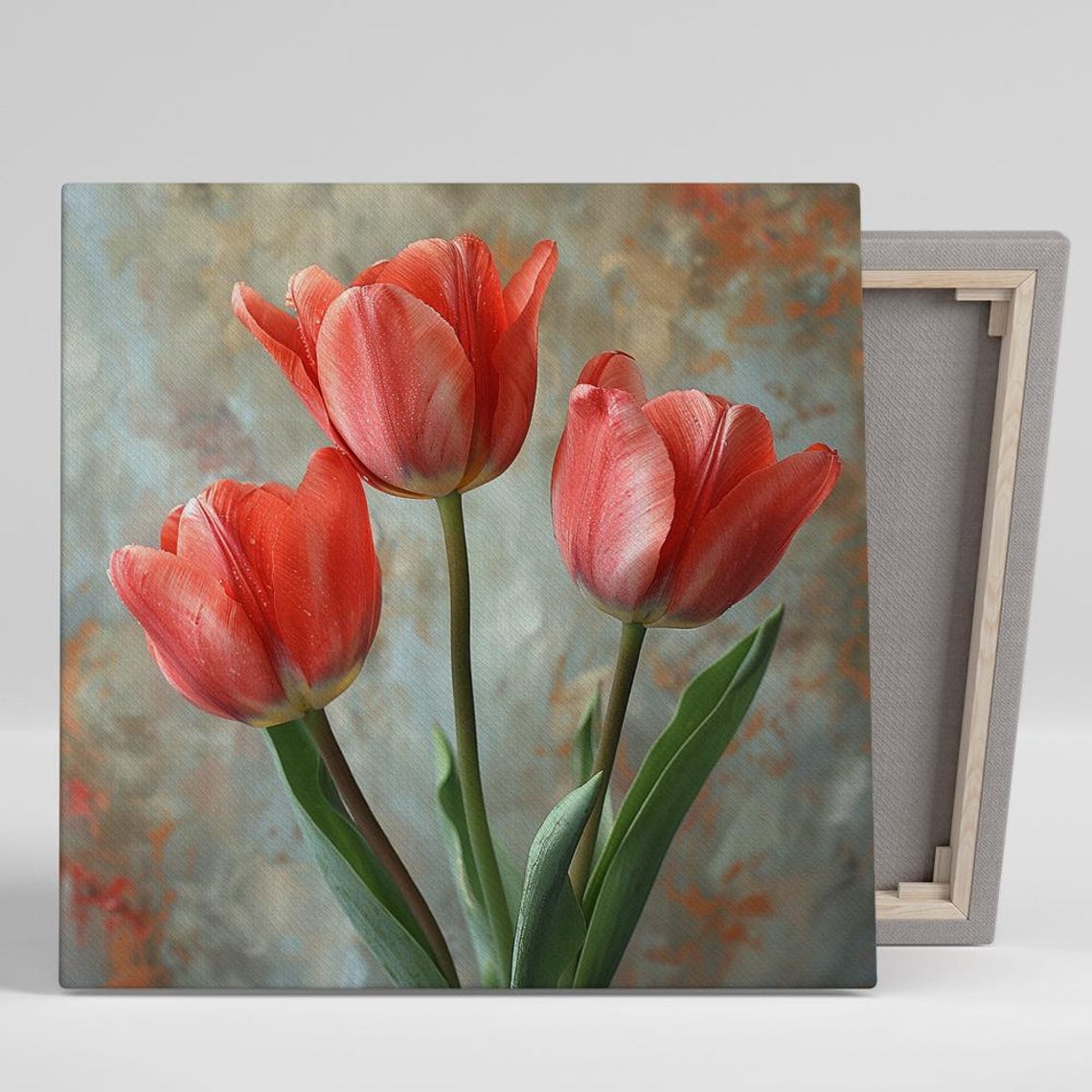 Red Tulip Trio Photorealistic Dew Petals Rustic Floral Wall Poster