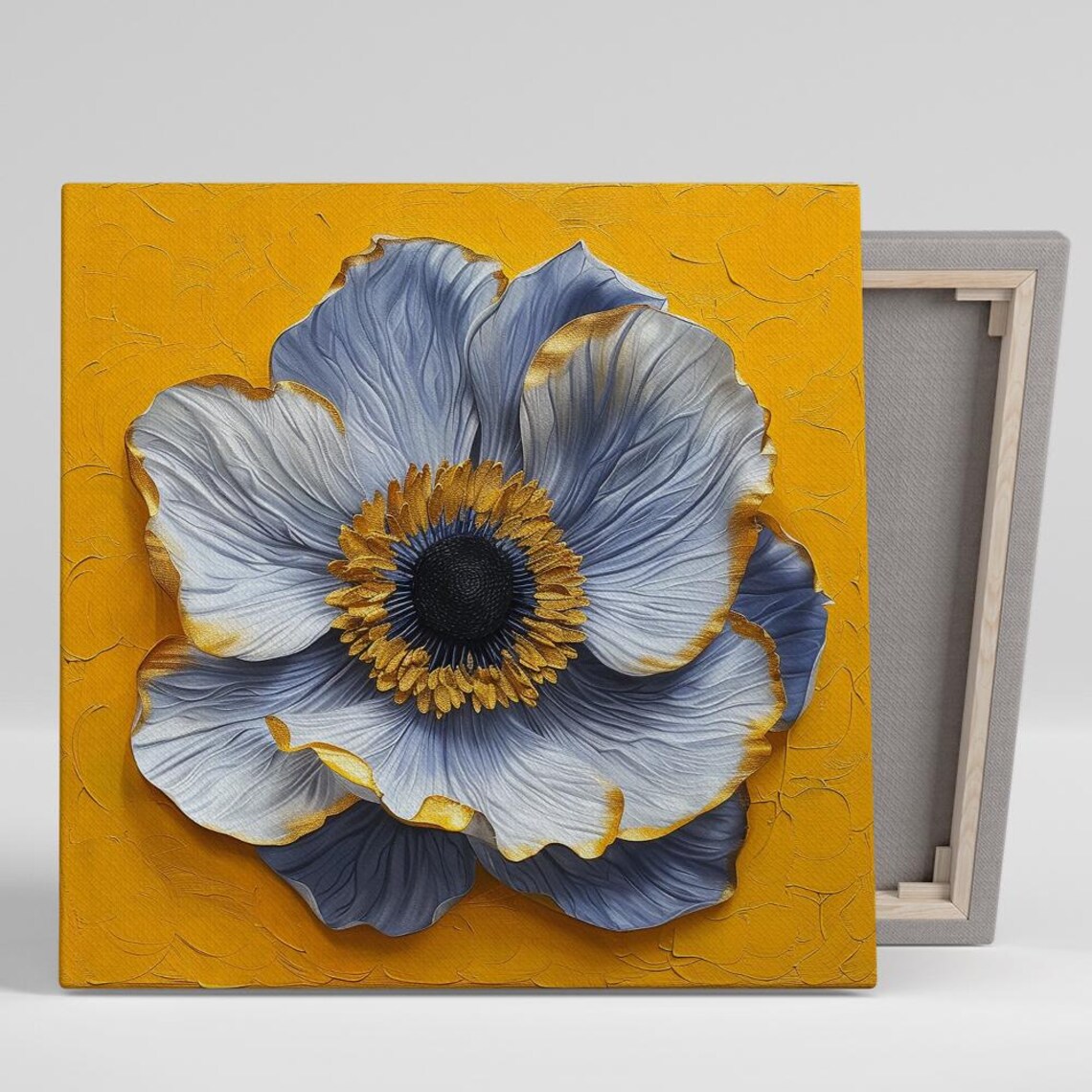 Blue Grey Anemone Gold Edge Black Center Floral Art Wall Poster