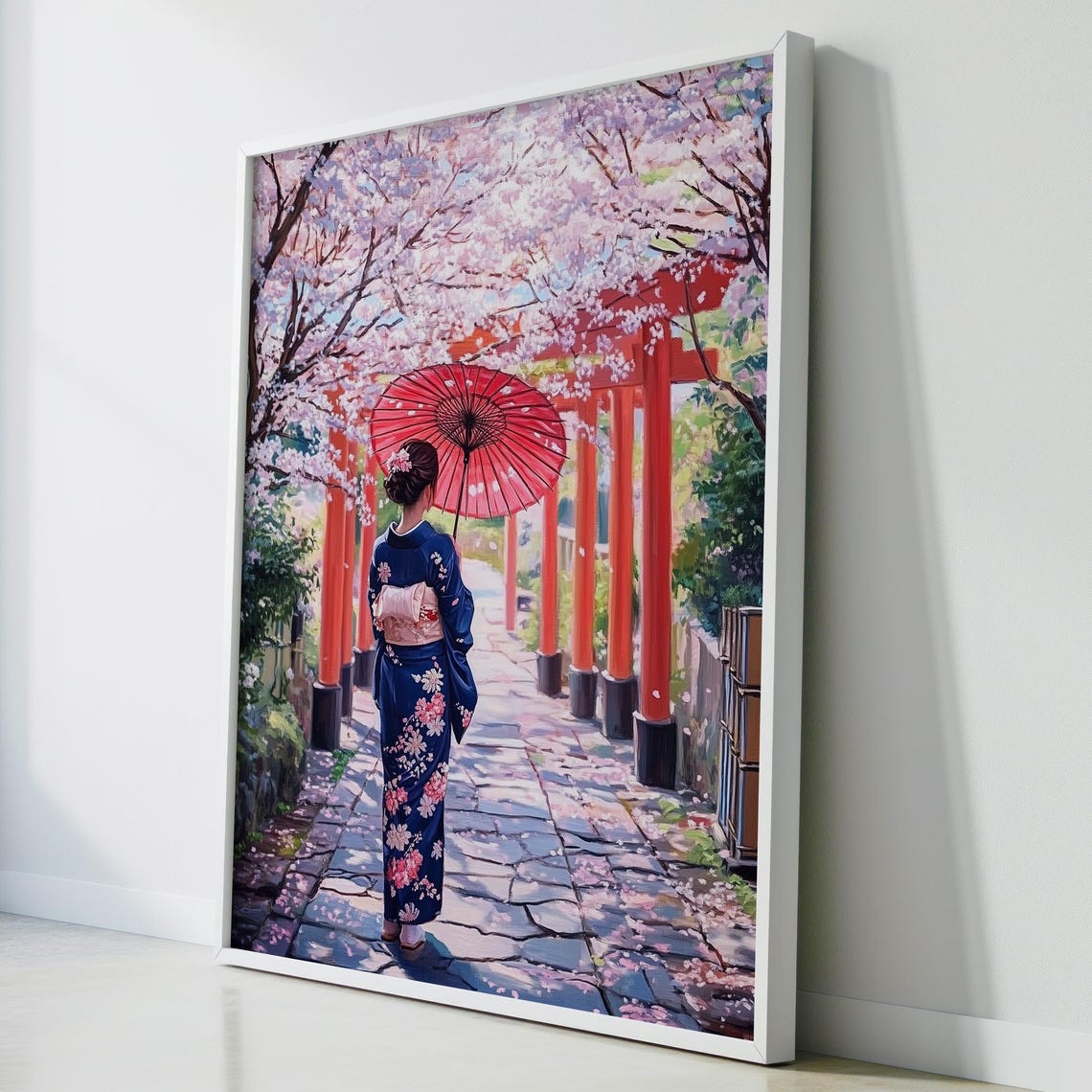 Kyoto Kimono Woman Red Parasol Torii Gates Cherry Blossom Poster - Image 3