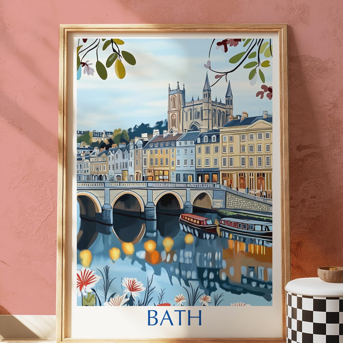 Bath Pulteney Bridge Vintage Illustration England Travel Poster