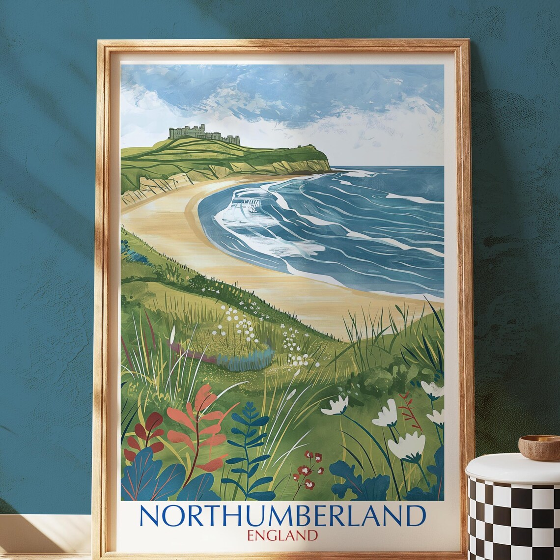 Northumberland England Coastal Castle Sandy Beach Travel Poster