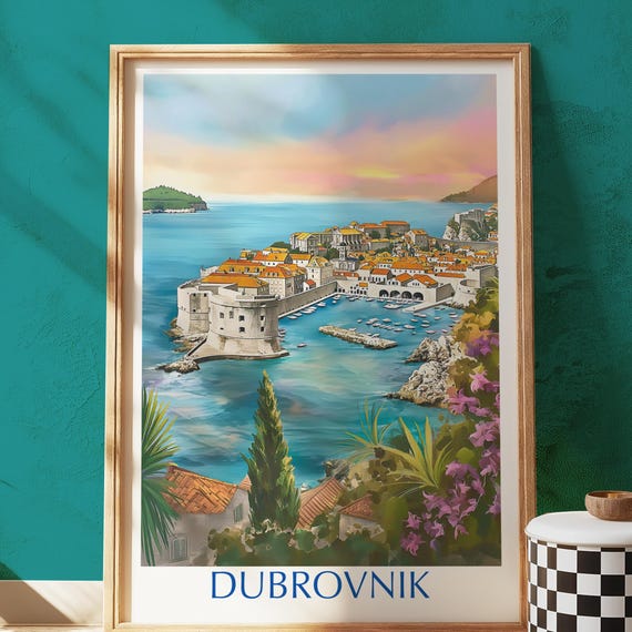 Dubrovnik Croatia Wall Art Print Scenic Coastal Travel Poster With Old Town Adriatic Sea View And Terracotta Rooftops Illustration