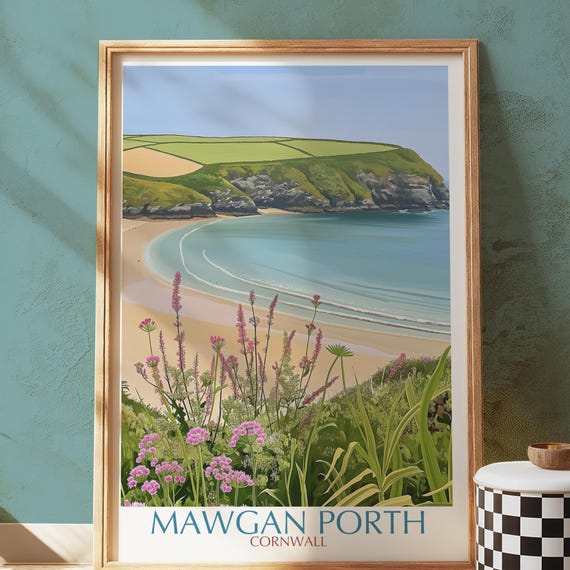 Mawgan Porth Cornwall Poster Print Uk Coastal Beach Wall Art Seaside Cliff Landscape Illustration British Nature Travel Decor Gift