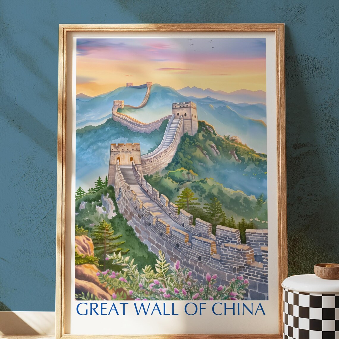 Great Wall Of China At Sunset Watercolor Landmark Travel Poster