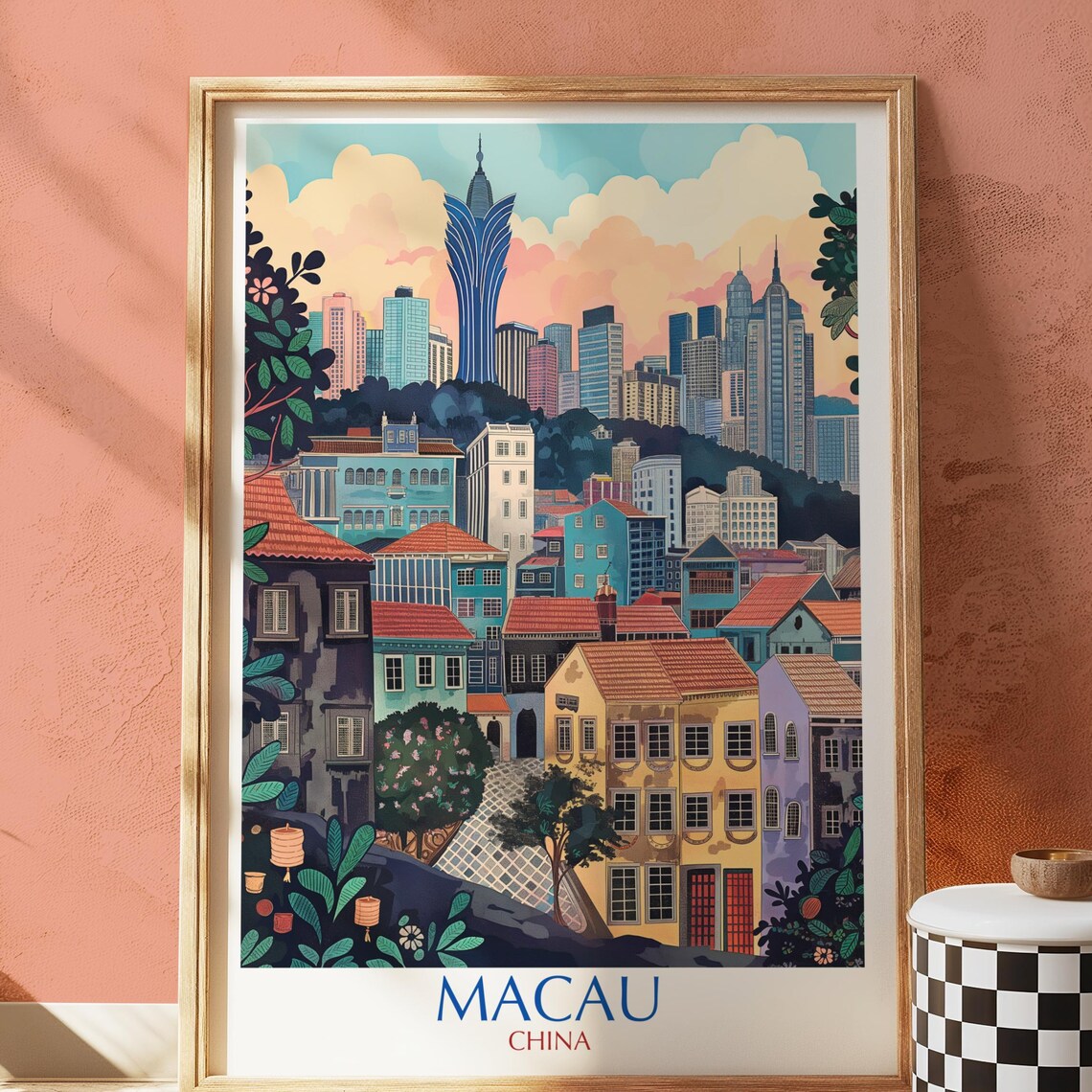 Macau China Colonial Street Grand Lisboa Tower Vintage Travel Poster