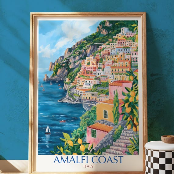 Amalfi Coast Italy Poster Print Colorful Coastal Village Wall Art Mediterranean Sea Travel Illustration Italian Riviera Home Decor