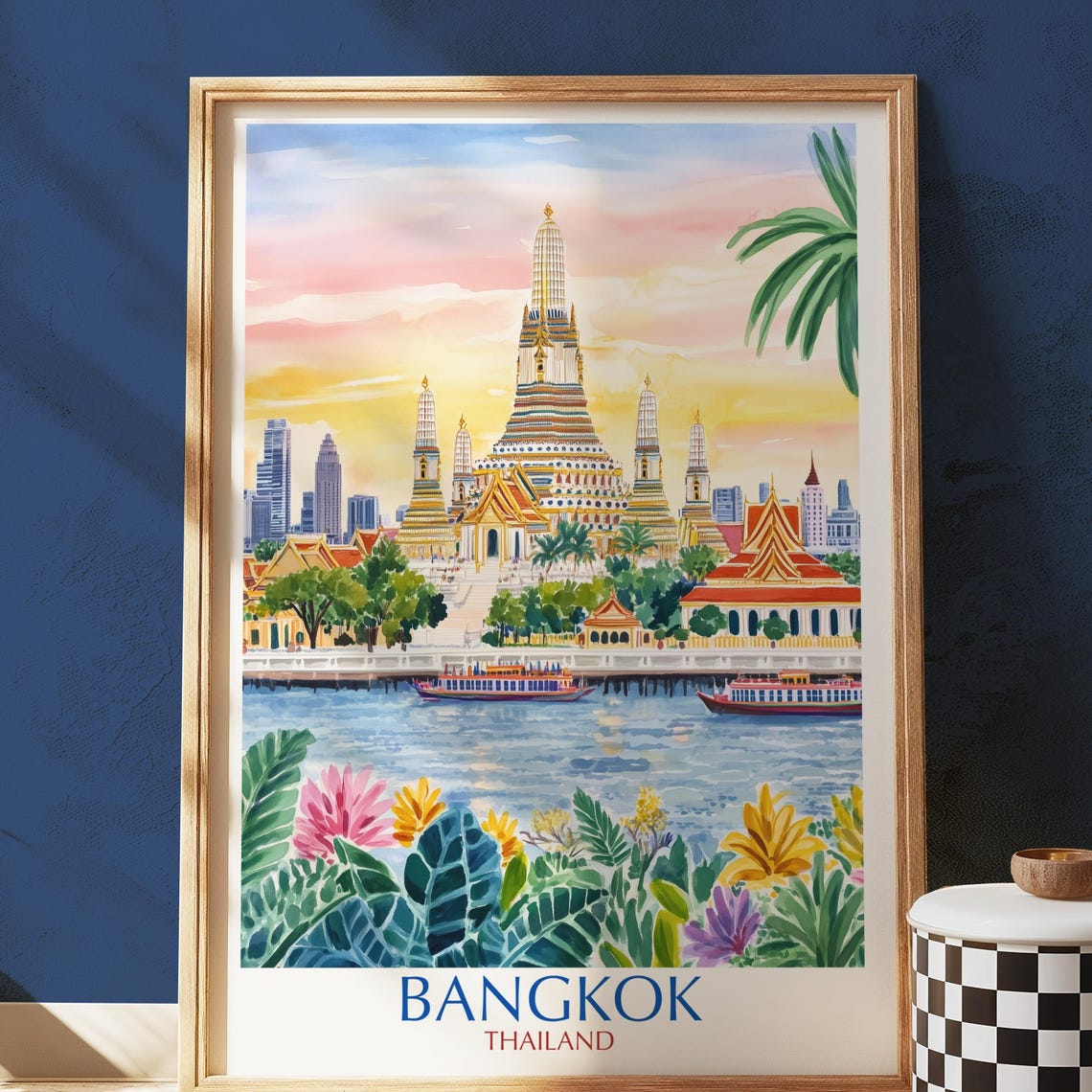 Colorful Bangkok Thailand Wat Arun Temple Sunset River Poster