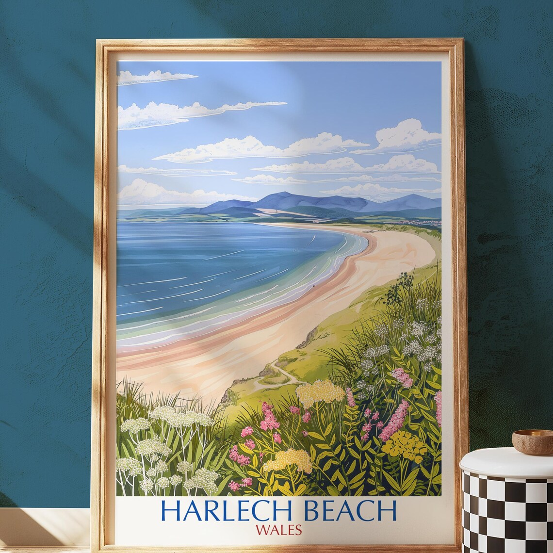 Harlech Beach Wales Sandy Bay Mountain View Vintage Travel Poster